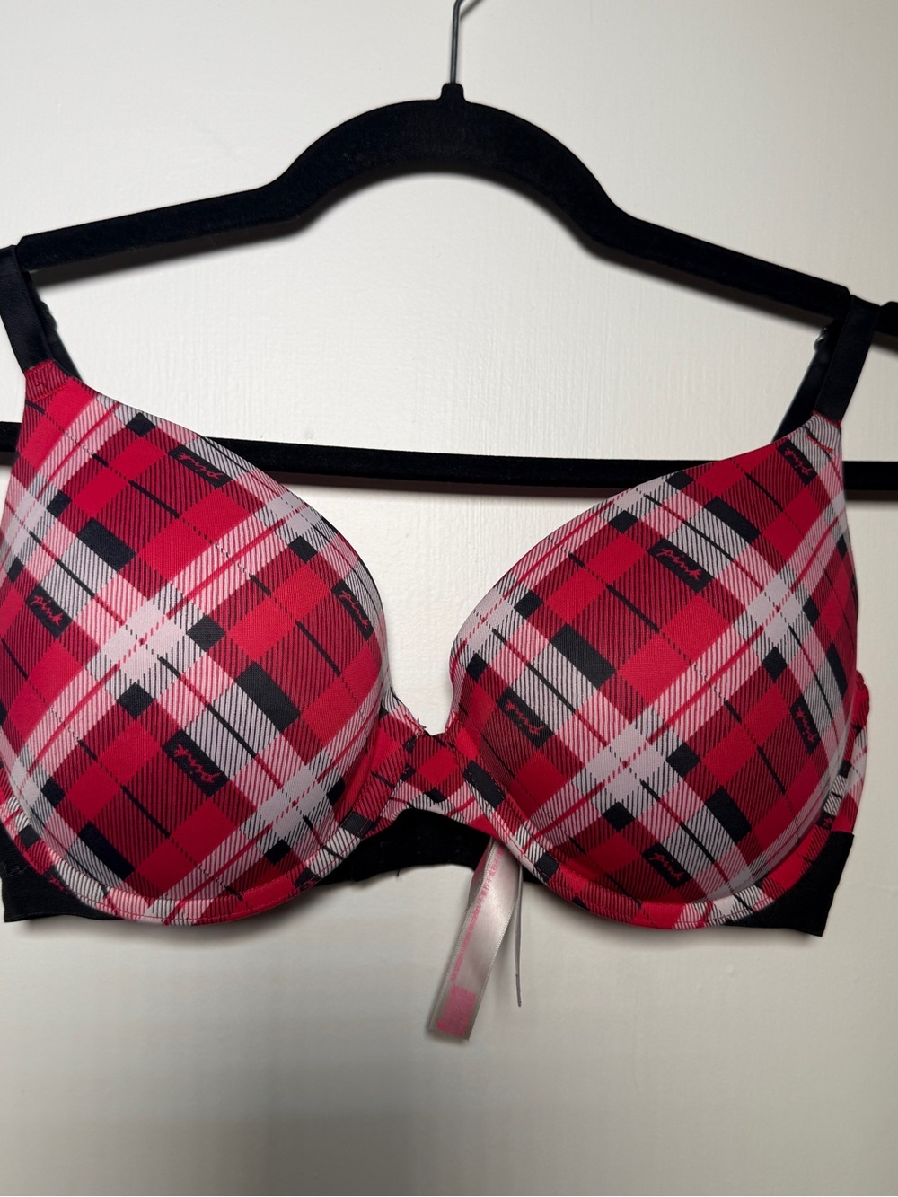 PINK by Victoria's Secret Plaid Push-Up Bra in Red and Black 34DD